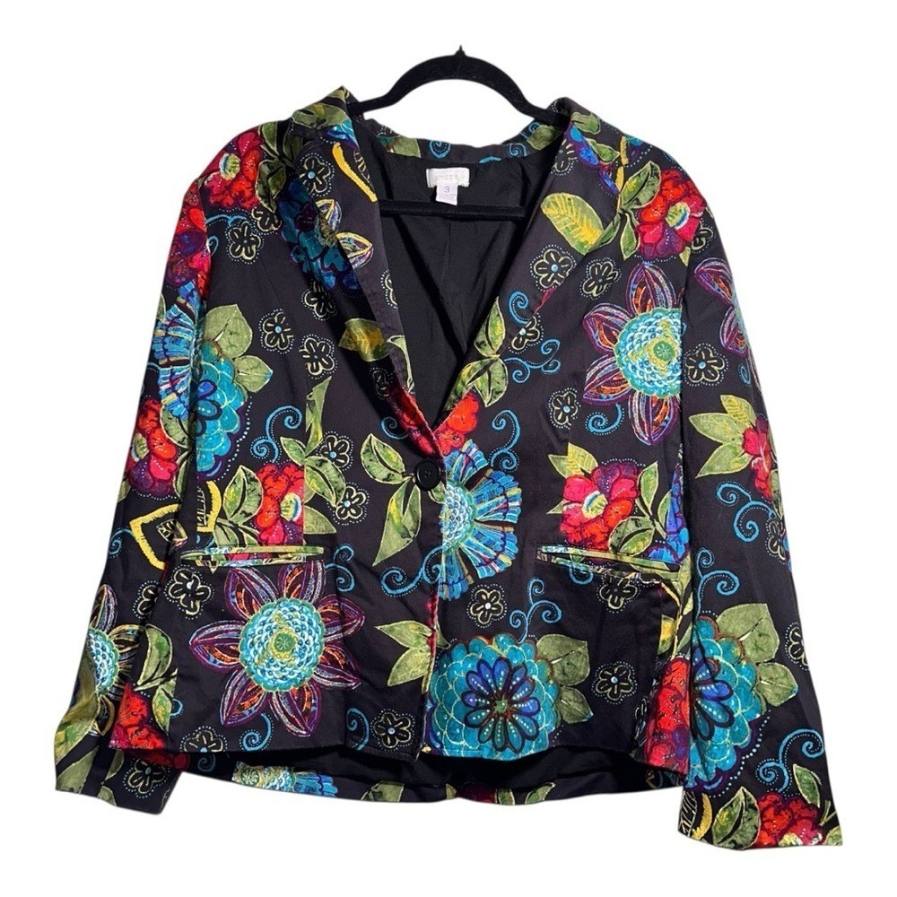 CHICO'S Vibrant Floral Cotton-Spandex Blazer Size 3 (16) Lightweight Colorful